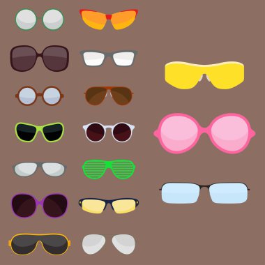 Güneş gözlüğü Aksesuar güneş gözlüğü plastik çerçeve modern gözlük vektör çizim moda ayarla.