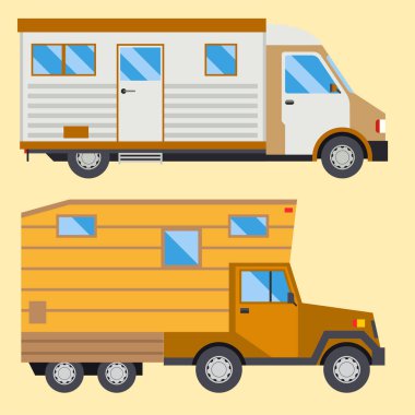 Kamp tatil seyahat araba yaz doğa tatil römork ev vektör çizim düz taşıma