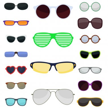 Güneş gözlüğü Aksesuar güneş gözlüğü plastik çerçeve modern gözlük vektör çizim moda ayarla.