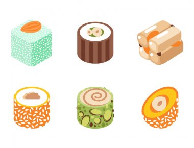 Doğu lezzetli tatlı beyaz tatlılar gıda şekerleme ev yapımı ürün yelpazesine vektör çizim üzerinde izole