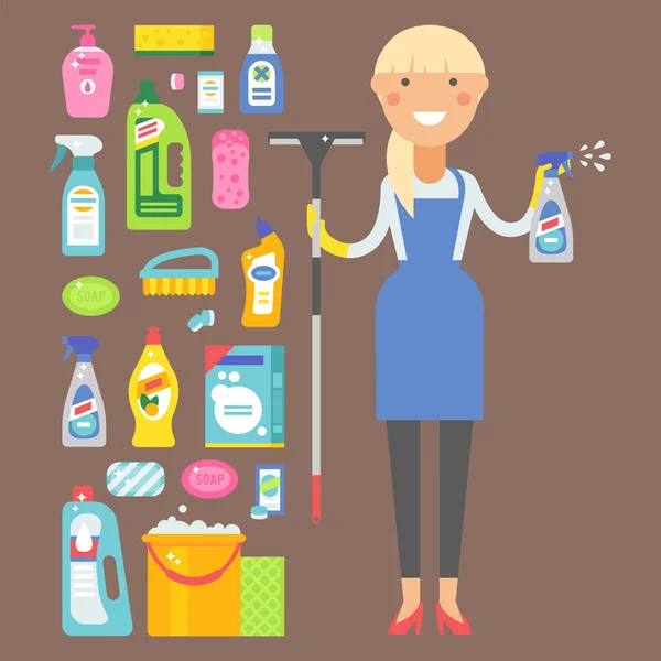 Reinigingsmiddel vrouw chemische huishoudelijk werk product zorg apparatuur reinigen van vloeibare platte vectorillustratie wassen. — Stockvector