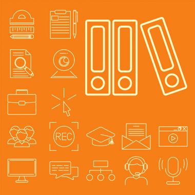 Düz anahat simgeleri online eğitim personeli kitapçıda bilgi öğrenme uzak eğitim illüstrasyon vektör