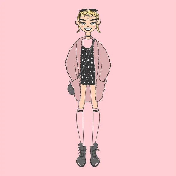 Mode look fille belle fille femme jolie jeune modèle style dame personnage vectoriel illustration — Image vectorielle