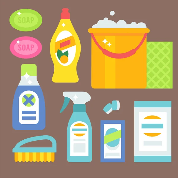 Reinigingsmiddel fles chemische huishoudelijk werk product zorg apparatuur schoonmaak vloeistof platte vectorillustratie wassen. — Stockvector