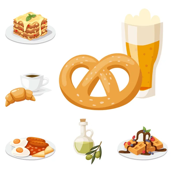 Evropská chutné jídlo kuchyně večeři jídlo ukazující lahodné prvky plochý vektorové ilustrace. — Stockový vektor