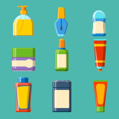 Banyo plastik şişe şampuan konteyner duş düz stil gösterim amacıyla banyo vektör hijyen tasarımı.