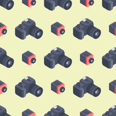 Fotoğraf kamera izometrik vektör seamless modeli enstrüman objektif ekipman fotoğraf profesyonel bak illüstrasyon.