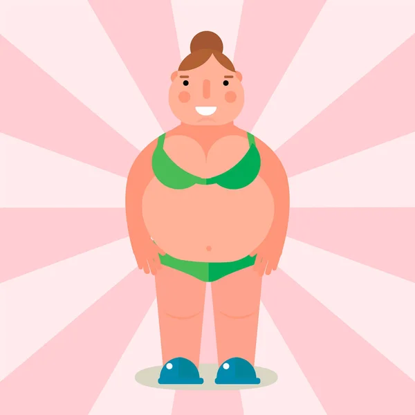 Gruba kobieta wektor ilustracja płaskie nadwagą ciała osoby płci żeńskiej niezdrowe duży brzuch znaków. — Wektor stockowy