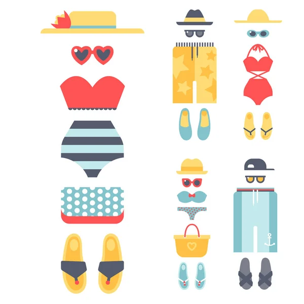 Ropa de playa bikini tela moda looks vacaciones estilo de vida mujeres colección mar luz belleza ropa vector illustraton — Vector de stock