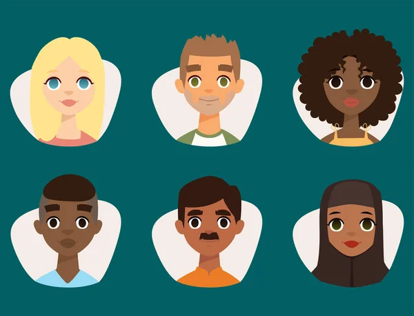Aantal uiteenlopende ronde avatars met gelaatstrekken verschillende nationaliteiten kleding en kapsels personen personages vectorillustratie — Stockvector