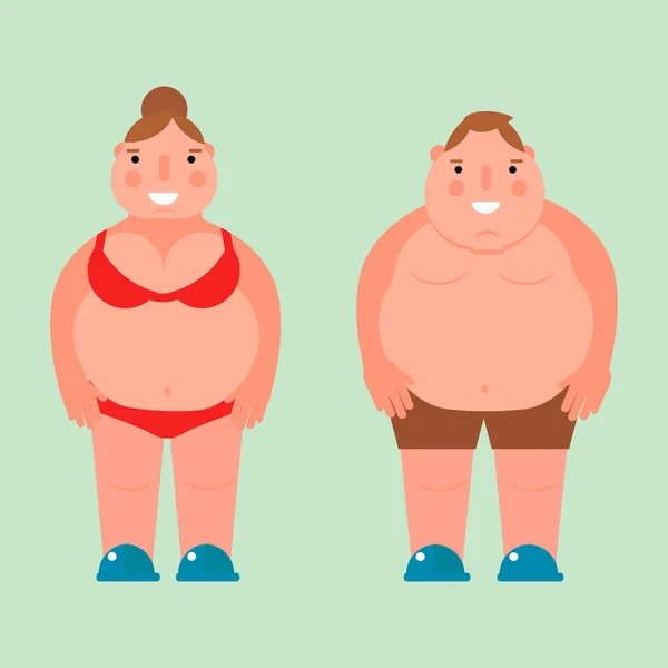 Dikke vrouw vector vlakke afbeelding overgewicht lichaam man persoon ongezonde grote buik karakter. — Stockvector