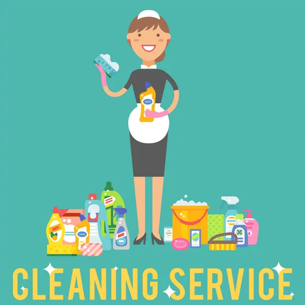 Cleanser kvinna kemiska hushållsarbete produkt vård tvätta utrustning rengöring flytande platta vektorillustration. — Stock vektor