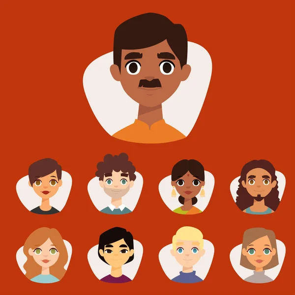 Set di diversi avatar rotondi con caratteristiche facciali diverse nazionalità vestiti e acconciature persone personaggi illustrazione vettoriale — Vettoriale Stock