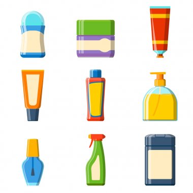 Banyo plastik şişe şampuan konteyner duş düz stil gösterim amacıyla banyo vektör hijyen tasarımı.