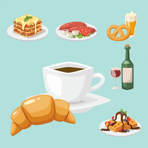 Cocina de comida sabrosa europea comida que muestra deliciosos elementos ilustración vectorial plana . — Vector de stock