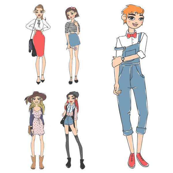 Moda olhar menina menina bonita mulher fêmea muito jovem modelo estilo senhora personagem vetor ilustração — Vetor de Stock