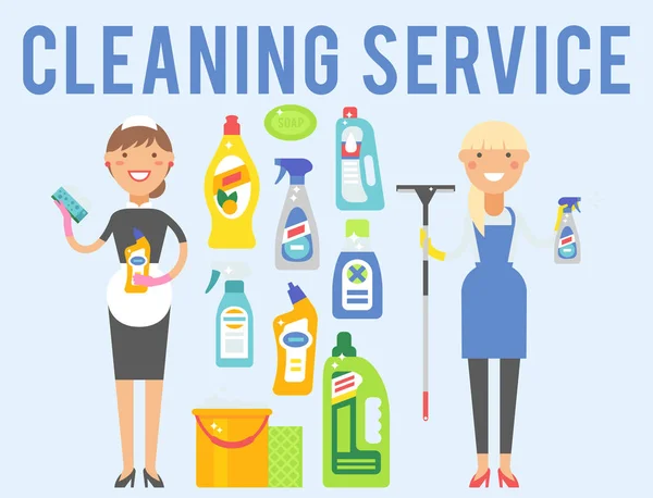 Reinigungsmittel Frau chemische Hausarbeit Produkt Pflege Waschanlagen Reinigung Flüssigkeit flache Vektor Illustration. — Stockvektor