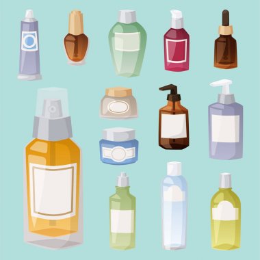 Kozmetik losyon makyaj güzellik plastik sıvı krem konteyner sıvı paketi şişe illüstrasyon vektör.