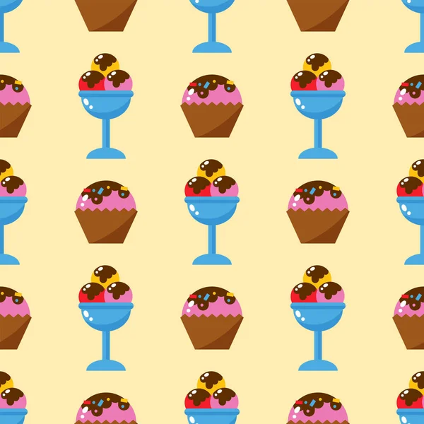 Piccoli deliziosi cupcake dolce dessert modello senza soluzione di continuità partito cibo crema spruzza glassa snack vettore illustrazione — Vettoriale Stock