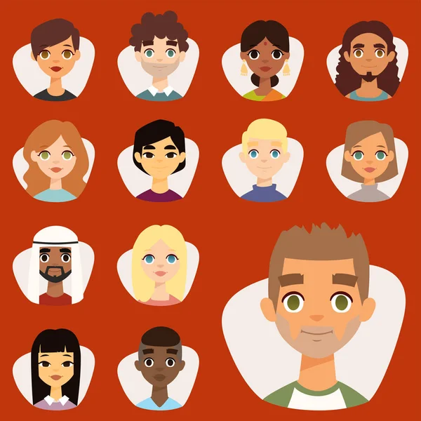 Set di diversi avatar rotondi con caratteristiche facciali diverse nazionalità vestiti e acconciature persone personaggi illustrazione vettoriale — Vettoriale Stock