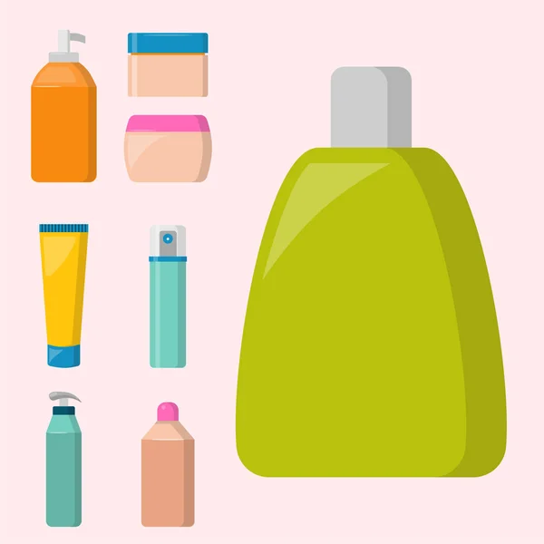 Botellas de cosmética cosmetología loción maquillaje belleza plástico líquido crema contenedor fluido paquete vector ilustración . — Vector de stock