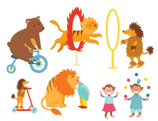 Цирк смішні тварини набір векторних іконок весела колекція розваг зоопарку жонглери домашні тварини чарівник виконавець карнавальна ілюстрація . — стоковий вектор