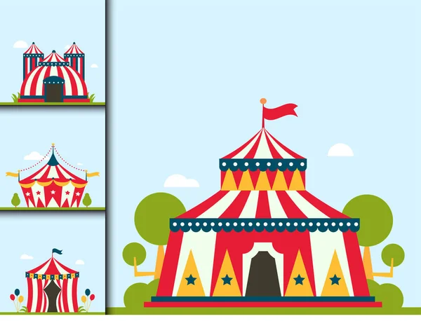 Circus entertainment tent lichtkrant lichtkrant outdoor festival met strepen en vlaggen geïsoleerde carnaval tekenen weergeven — Stockvector