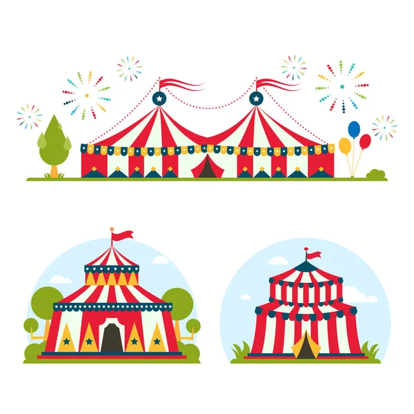 Circus entertainment tent lichtkrant lichtkrant outdoor festival met strepen en vlaggen geïsoleerde carnaval tekenen weergeven — Stockvector