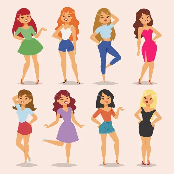 Mooie jonge vrouwen in mode kleding cartoon vrouwelijke personages vectorillustratie. — Stockvector
