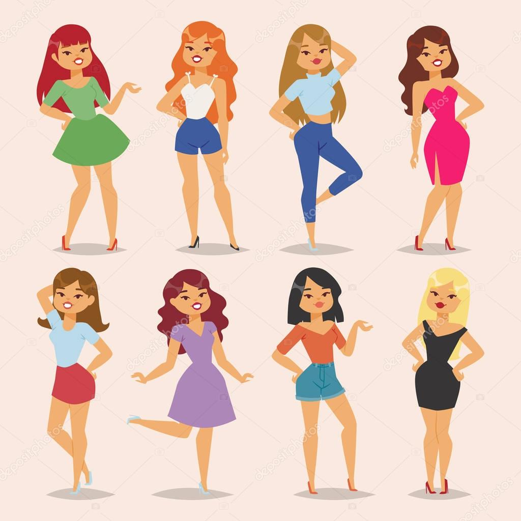 Hermosas mujeres jóvenes en ropa de moda dibujos animados personajes