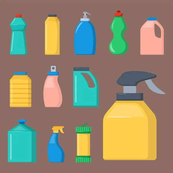 Bottiglie di prodotti chimici per la casa forniture pulizia dei lavori domestici liquido detergente domestico pacchetto vettore illustrazione . — Vettoriale Stock