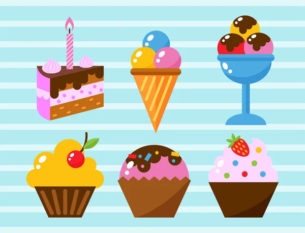 Petit délicieux cupcakes doux dessert célébration anniversaire fête nourriture crème saupoudrer glaçage snack vecteur illustration — Image vectorielle