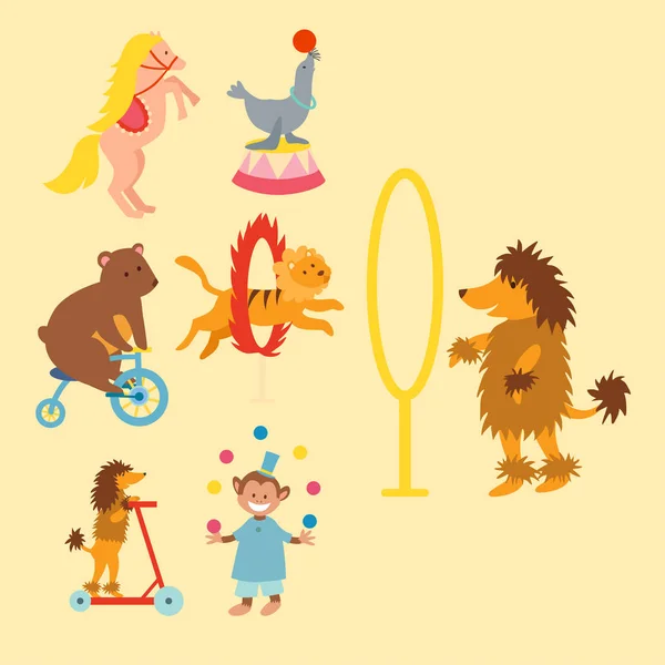 Zirkus lustige Tiere Set von Vektor-Ikonen fröhlich Zoo Unterhaltung Sammlung Jongleur Haustiere Zauberer Performer Karneval Illustration. — Stockvektor
