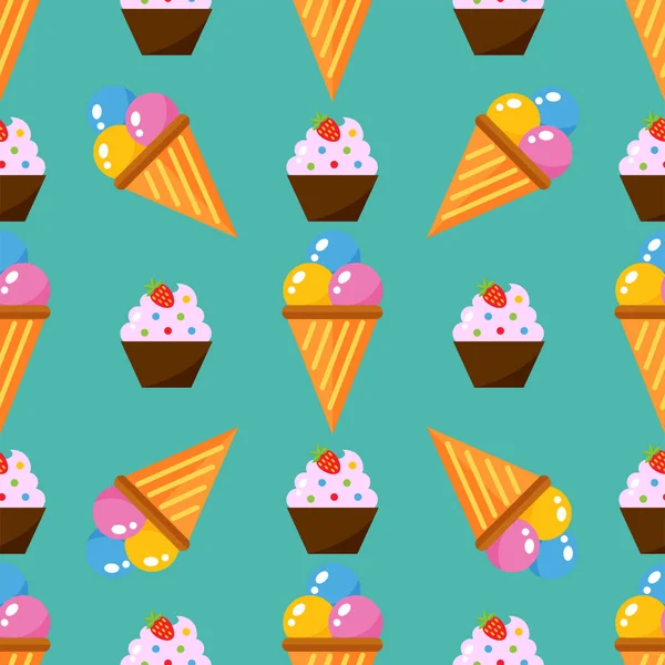 Piccoli deliziosi cupcake dolce dessert modello senza soluzione di continuità partito cibo crema spruzza glassa snack vettore illustrazione — Vettoriale Stock