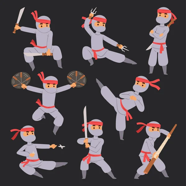 Ninja harcos ruhával karakter harcos japán ember különböző pózok rajzfilm személy vektor ember — Stock Vector