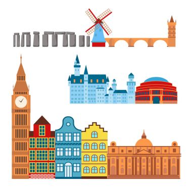 Avrupa seyahat turizm seyahat ünlü sanayi ve euro macera uluslararası vektör çizim.