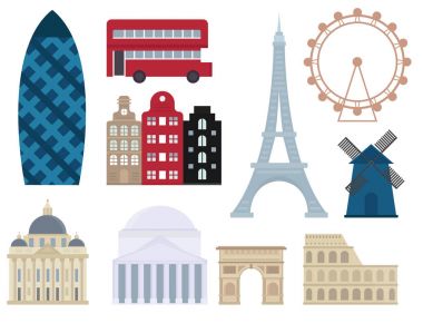 Avrupa seyahat turizm seyahat ünlü sanayi ve euro macera uluslararası vektör çizim.