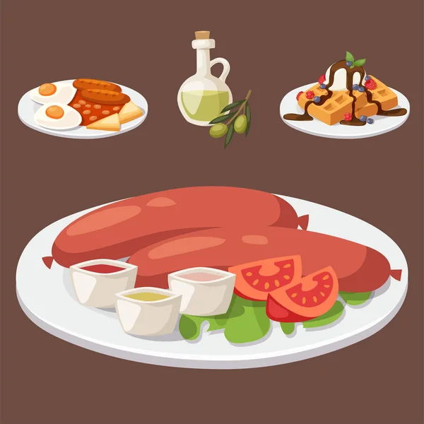 Europeiska välsmakande mat rätter middag mat visar läckra element platta vektorillustration. — Stock vektor