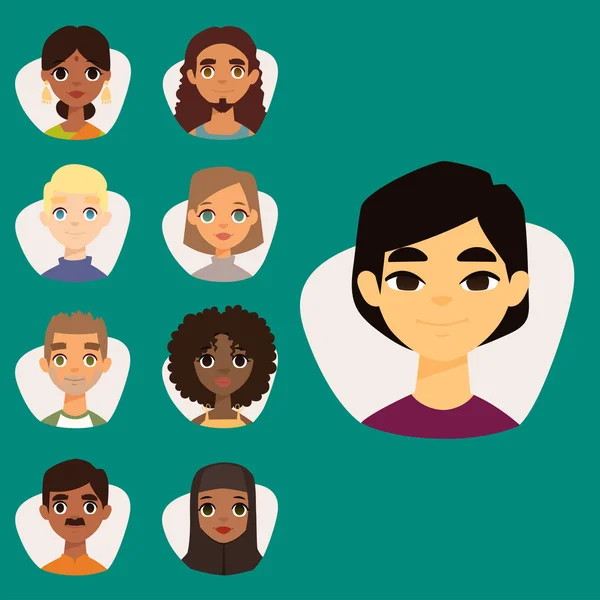 Conjunto de diversos avatares redondos con rasgos faciales diferentes nacionalidades ropa y peinados personas personajes vector ilustración — Vector de stock
