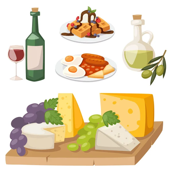 European tasty food cuisine dinner food showing delicious elements flat vector illustration. — Stock Vector