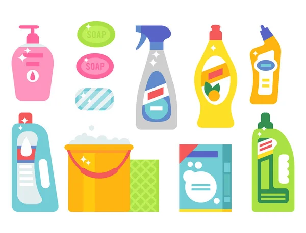 Καθαριστικό μπουκάλι οικιακών χημικών προϊόντων φροντίδας πλύση εξοπλισμού καθαρισμού υγρό επίπεδη διανυσματικά εικονογράφηση. — Διανυσματικό Αρχείο