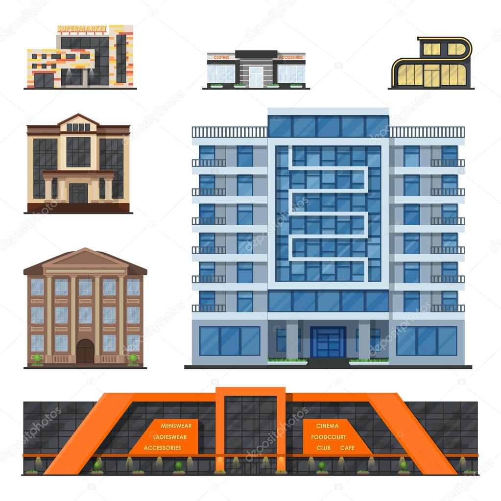 City buildings modern tower office architecture house business apartment home facade vector illustration