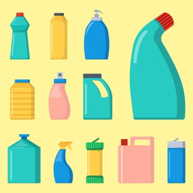 Ev Kimyasalları şişe malzemeleri temizlik ev işi sıvı aile içi sıvı temiz paketi vektör çizim.