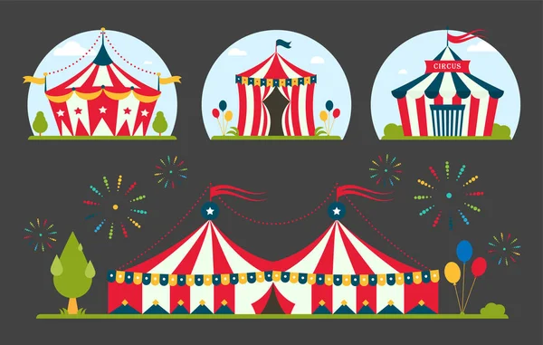 Spectacle de cirque tente de divertissement chapiteau festival en plein air avec des rayures et des drapeaux isolés panneaux de carnaval — Image vectorielle