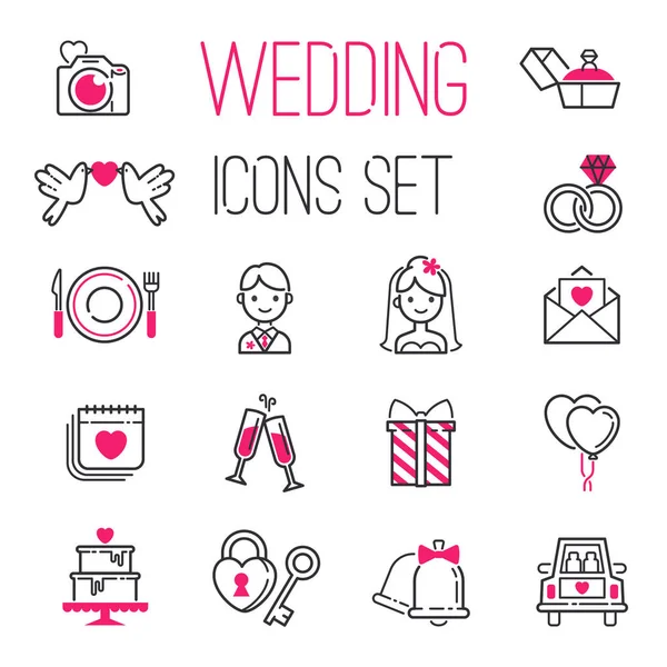 Очертания день свадьбы иконы брака набор икон для помолвки выйти замуж любовь вектор иллюстрации . — стоковый вектор