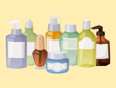 Kozmetik losyon makyaj güzellik plastik sıvı krem konteyner sıvı paketi şişe illüstrasyon vektör.