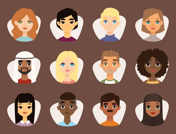 Uppsättning av olika runda avatarer med ansiktsdrag olika nationaliteter kläder och frisyrer personer tecken vektorillustration — Stock vektor