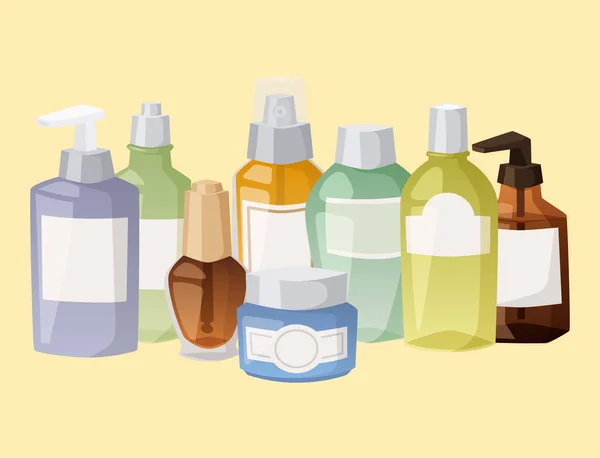 Botellas de cosmética cosmetología loción maquillaje belleza plástico líquido crema contenedor fluido paquete vector ilustración . — Archivo Imágenes Vectoriales