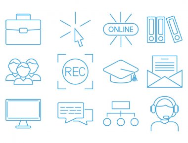 Düz anahat simgeleri online eğitim personeli kitapçıda bilgi öğrenme uzak eğitim illüstrasyon vektör
