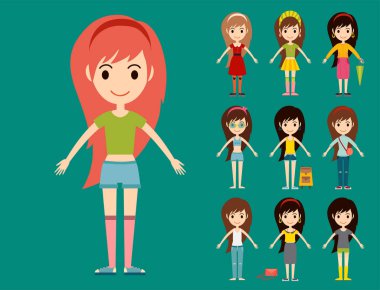 Sokak moda girls modelleri giyim tarzı şık şık kadın karakter elbise görünüyor vektör çizim